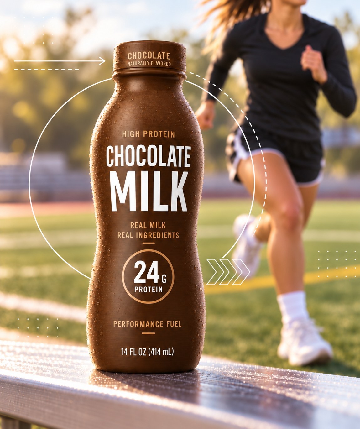 Chocolate milk bottle with athlete running in background